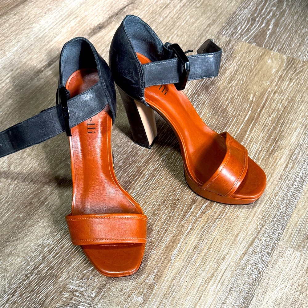 French brand Minelli Leather Block Heel Sandals – Black & Tan